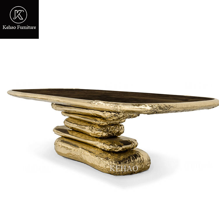 High-End Designer Art Luxury Dining Table Set Handmade Brass Base Dining Table with Linen Upholstered Chairs for Villa