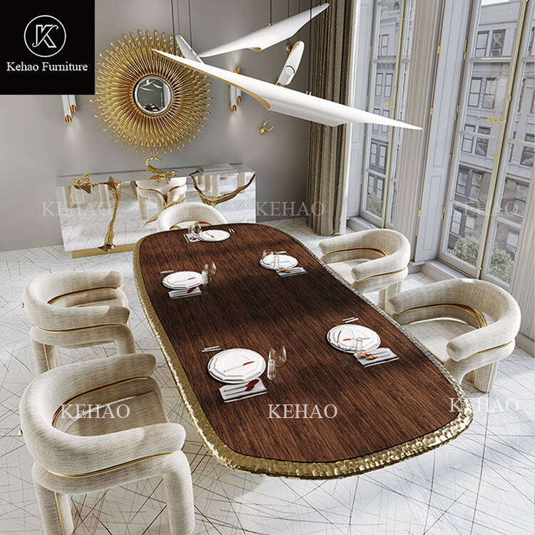 High-End Designer Art Luxury Dining Table Set Handmade Brass Base Dining Table with Linen Upholstered Chairs for Villa