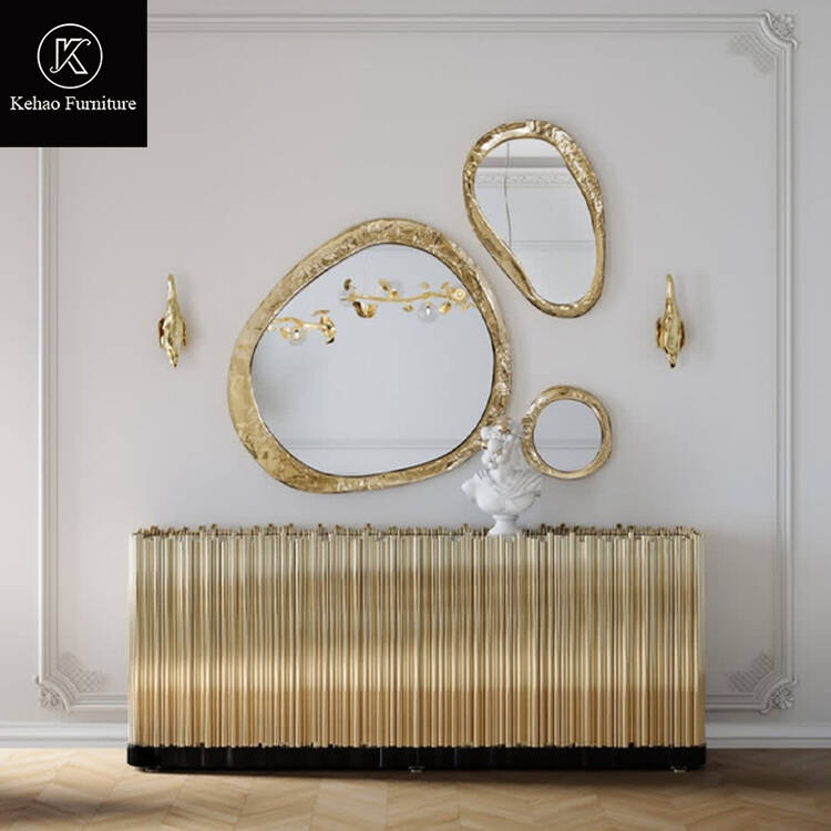 High-end Luxury Gold Stainless Steel Sideboard Modern Art Deco Console Cabinet with Irregular Mirror for Hotel Lobby Living Room