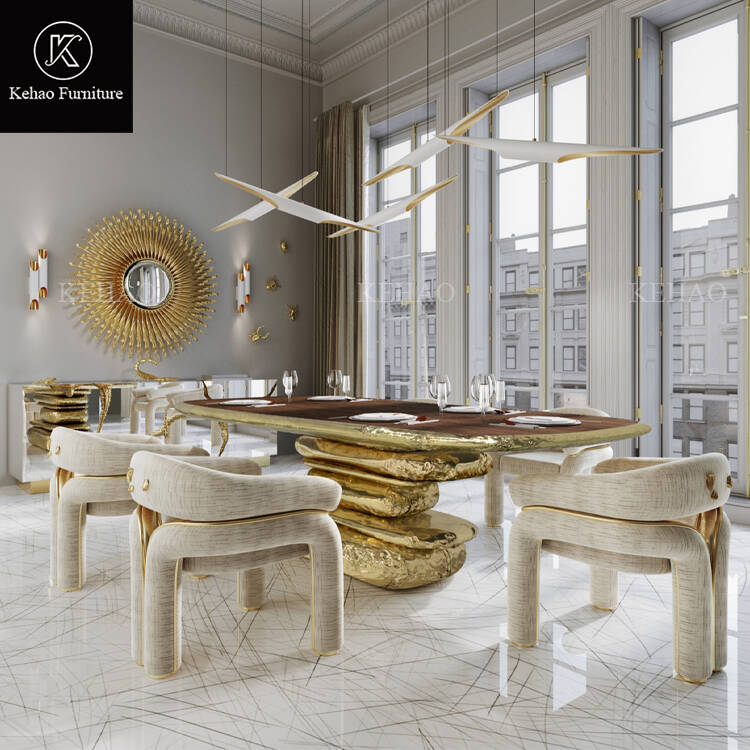 High-End Designer Art Luxury Dining Table Set Handmade Brass Base Dining Table with Linen Upholstered Chairs for Villa