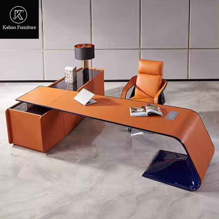 Italian Modern Furniture Microfiber Leather Carbon Fiber L-Shape Office Desk Luxury