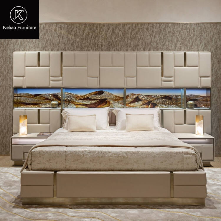 Luxury Bedroom Furniture High End Leather Double Bed Big Headboard Luxury King Size Bed
