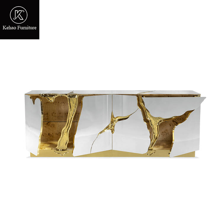 Silver Stainless Steel Mirror Finish Luxury Modern White Wide LAPIAZ Sideboard Buffets